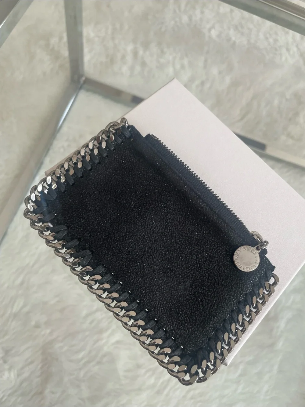 Stella McCartney Falabella Black Card Pouch with Silver Chain Trim